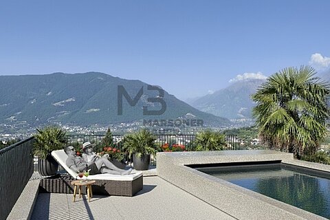 Appartamento da sogno con ampi spazi abitativi, piscina panoramica e terrazza solarium sopra Merano
